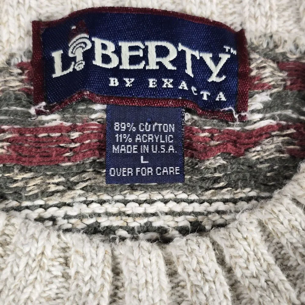 Liberty Mens L Beige Sweater Vintage Fair Isle Crewneck Cable Knit USA Made